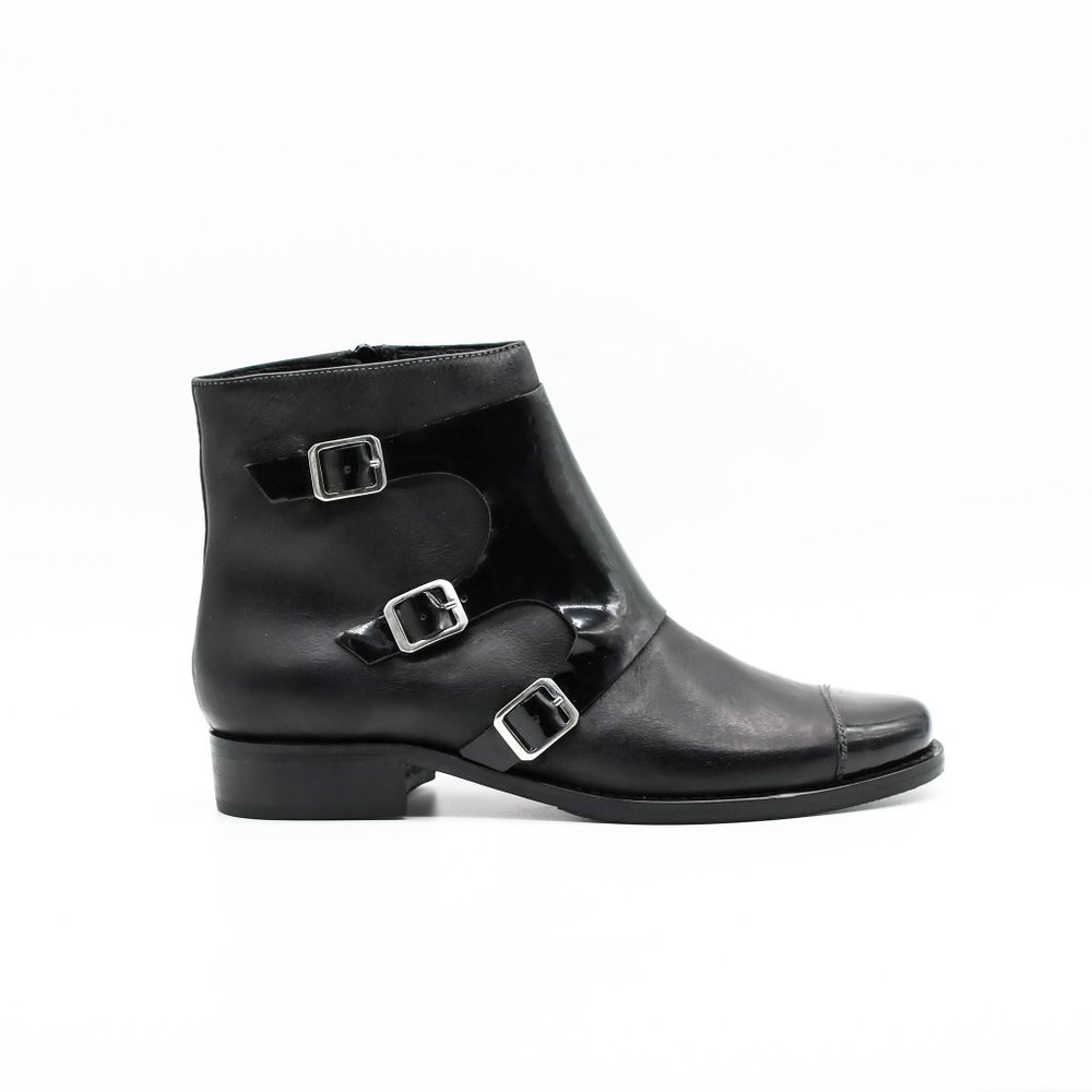 Triple Buckle Ankle Boots Genuine Leather Low Heel